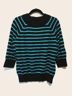 Vintage 90s Stripes Tradition Turquoise & Black Crewneck Cotton Rayon Sweater